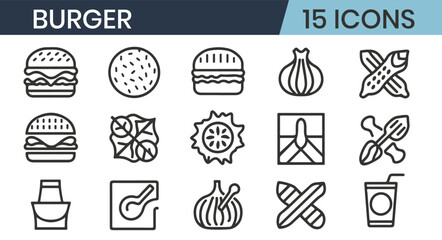 Set of 15 outline icons burger vector illustration