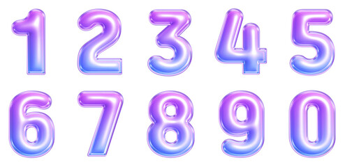 Number of voluminous balloon shapes from 0 to 9. 3d, Transparent background. Resources in png. (Blue and purple gradation)