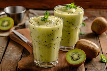 A freshly made kiwi shake, or smoothie, in glasses on a wooden table. Kiwis, a knife, a cutting board, and an ice cream scoop are in the background. Kiwi shakes are enjoyed in many countries and are b
