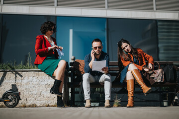 Fototapeta premium Three young business professionals strategize outdoors, reviewing documents and talking on a phone in an urban setting.