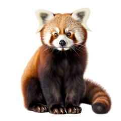 Obraz premium A red panda sits with its paws tucked underneath, looking directly at the camera. The animal has a fluffy tail and large ears.