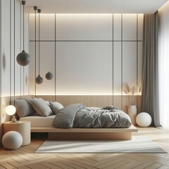Elegant Minimalist Bedroom: A Cozy Space with Neutral Tones and Contemporary Design Elements