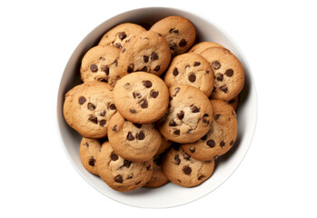 Naklejka premium A white bowl overflowing with freshly baked chocolate chip cookies.