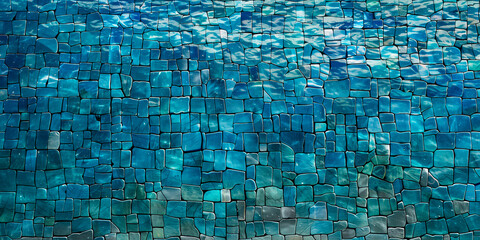 Teal blue tiles of swimming pool, with bright light shines into water and make the caustic light shimmering on side of the pool. Pool water tile pattern for summer party background with copy space 