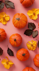 Pumpkins and orange flowers with leaves. Digital art capturing an autumn scene with vibrant colors.