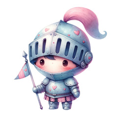 Fototapeta premium Cute cartoon knight with pink accents and a heart-shaped flag.