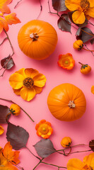 Pumpkins and orange flowers with leaves. Digital art capturing an autumn scene with vibrant colors.