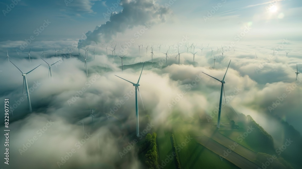 Wall mural aerial view of wind turbines in the misty countryside, showcasing their towering presence against an - Wall murals