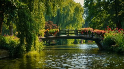 Fototapeta premium A leisurely bike ride along a river passing by romantic bridges and vibrant gardens.