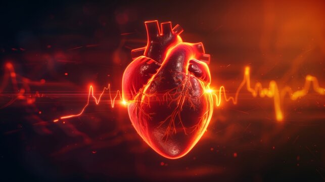 Realistic depiction of a beating heart with electrical impulses traveling through the cardiac conduction system, regulating heartbeat. Cardiology concept. World Blood Donor Day.