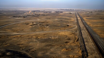 A sprawling network of pipelines crisscrossing the desolate landscape with gas flares visible at regular intervals.