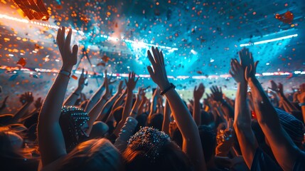 Vibrant concert crowd enjoying live music with hands raised, colorful lights, and confetti in the air, capturing the energy of a live event.