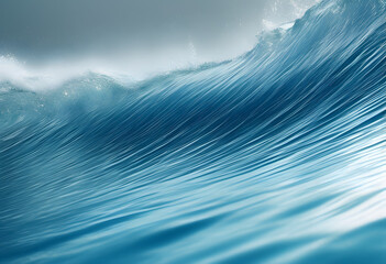 A close-up view of a large ocean wave with smooth, flowing water and a misty sky in the background.