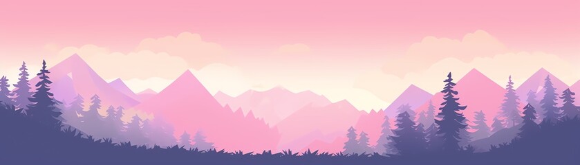Serene pink and purple mountain landscape illustration with pine trees against a tranquil sky, offering a peaceful nature scene.