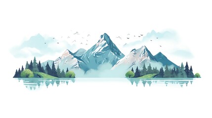 Stunning watercolor landscape of snow-capped mountains reflected in a serene lake, surrounded by lush trees under a clear, blue sky.