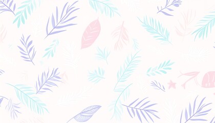 Elegant seamless pattern featuring pastel-colored leaves in pink, blue, and purple on a light background, perfect for digital and print designs.