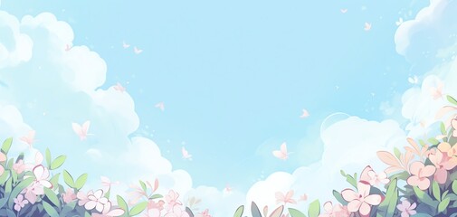 Beautiful pastel-colored illustration of a bright, clear sky with fluffy clouds and a border of vibrant flowers in full bloom.