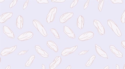 Seamless pattern of delicate feather illustrations on a light purple background, perfect for textile design or wallpaper.