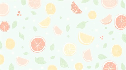 Seamless pattern of pastel-colored citrus fruits and leaves. Ideal for summer-themed designs, backgrounds, and textiles.