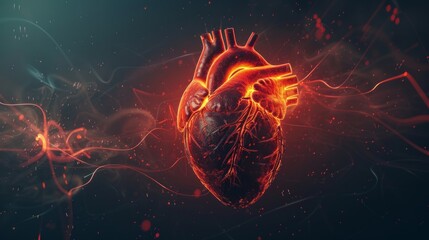 Realistic depiction of a beating heart with electrical impulses traveling through the cardiac conduction system, regulating heartbeat. Cardiology concept. World Blood Donor Day.