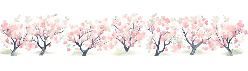 Beautiful row of cherry blossom trees in full bloom, displaying delicate pink petals on white background, perfect for spring-themed projects.