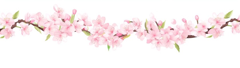 Delicate cherry blossom branch in full bloom with soft pink flowers and lush green leaves on a white background.