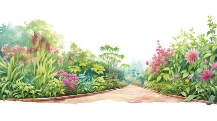 Scenic garden pathway with blooming flowers and lush greenery, perfect for nature lovers and outdoor enthusiasts.