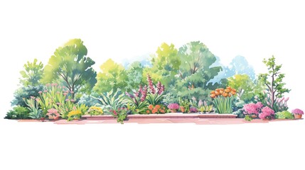 Watercolor painting of a garden with various colorful flowers and green foliage against a white background.