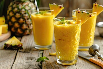 Fototapeta premium A freshly made pineapple shake, or smoothie, in glasses on a wooden table. Pineapples, a knife, a cutting board, and an ice cream scoop are in the background. Pineapple shakes are common in tropical