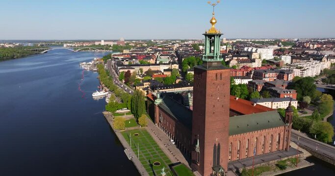 Forward Drone Shot Above Stockholm City Hall in Sweden's Capital City