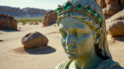Fototapeta premium Enigmatic Elegance: Ancient Statue Crowned in Glowing Green Crystal, Half-Buried in Desert Sands