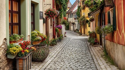A charming cobblestone street winding through a historic European village, lined with colorful buildings adorned with blooming window boxes and overflowing baskets of flowers