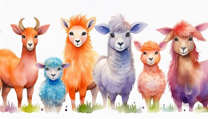 Set of watercolor cartoon farm animals - fluffy alpaca, goat, horse, ram, sheep and cow isolated on white background. cartoons. Illustrations