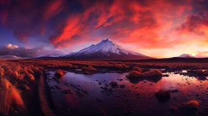 Majestic Sunset Over Snow-Capped Volcano and Serene Highland Marsh. Generative AI