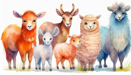 Fototapeta premium Set of watercolor cartoon farm animals - fluffy alpaca, goat, horse, ram, sheep and cow isolated on white background. cartoons. Illustrations