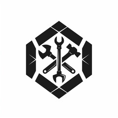 Hexagonal tool emblem with wrench and hammers