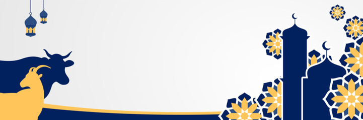 Islamic banner for Eid al-Adha, with mosque, mandala, cow and goat icons. trendy design with empty space for text. illustration of day of sacrifice