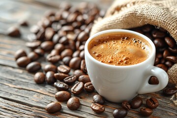 Espresso Cup and Coffee Beans on Wooden Surface. White cup of espresso with foam on top, surrounded by coffee beans spilling from a burlap sack onto a wooden surface.