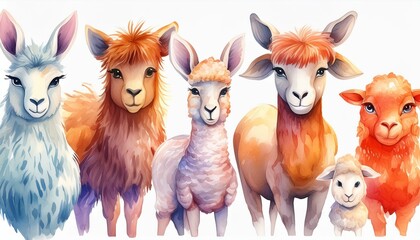 Fototapeta premium Set of watercolor cartoon farm animals - fluffy alpaca, goat, horse, ram, sheep and cow isolated on white background. cartoons. Illustrations