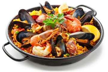 Traditional paella with seafood and saffron on a white background
