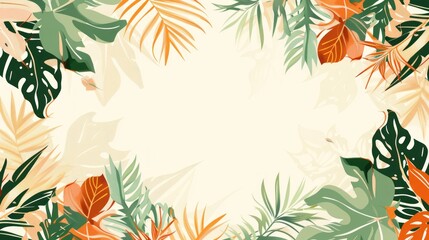 Abstract background with tropical leaves and abstract shapes in green, orange and beige colors on white space for text.