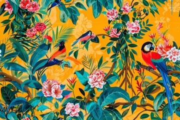Seamless pattern with colorful birds of paradise and blooming garden flowers.