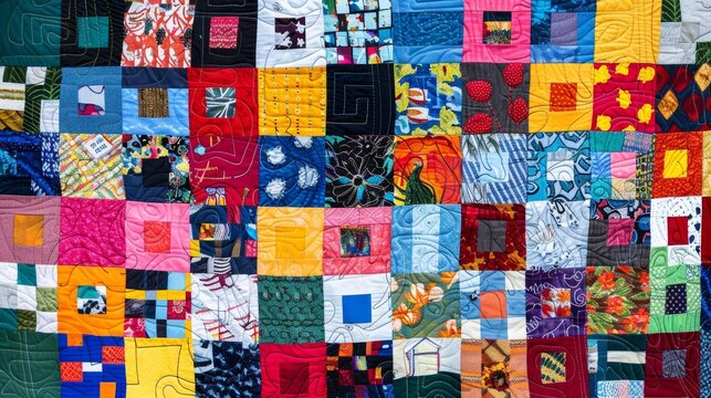 A collaborative community quilt where each square is decorated by a different member of the community representing their unique stories and experiences.