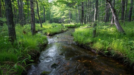 Fototapeta premium A small stream winds its way through the forest offering a tranquil soundtrack to the experience.