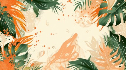 Fototapeta premium Abstract background with tropical leaves and abstract shapes in green, orange and beige colors on white space for text.