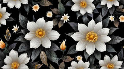Fototapeta premium PNG Flowers with white leaves on a black background art painting pattern