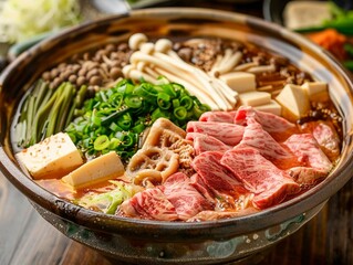 A dish of Japanese sukiyaki with thinly sliced beef, tofu, and vegetables, cooked in a sweet soy...