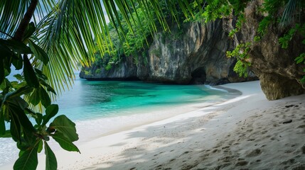 A secluded beach cove hidden beneath towering cliffs, with powdery white sands and crystalline...