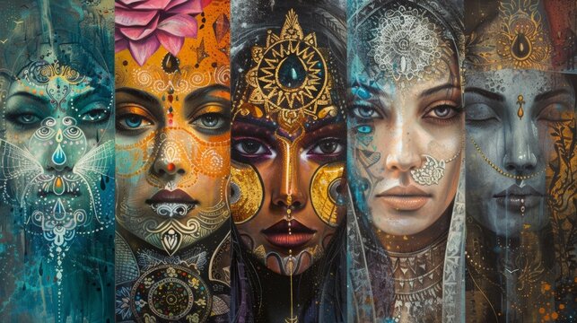 A series of paintings depicting goddesses from different cultures highlighting the universality of feminine energy and its enduring presence in human history.