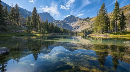 A serene mountain lake nestled among towering pine trees, with clear blue skies overhead and the rugged peaks of the surrounding mountains mirrored in its calm, glassy waters.
